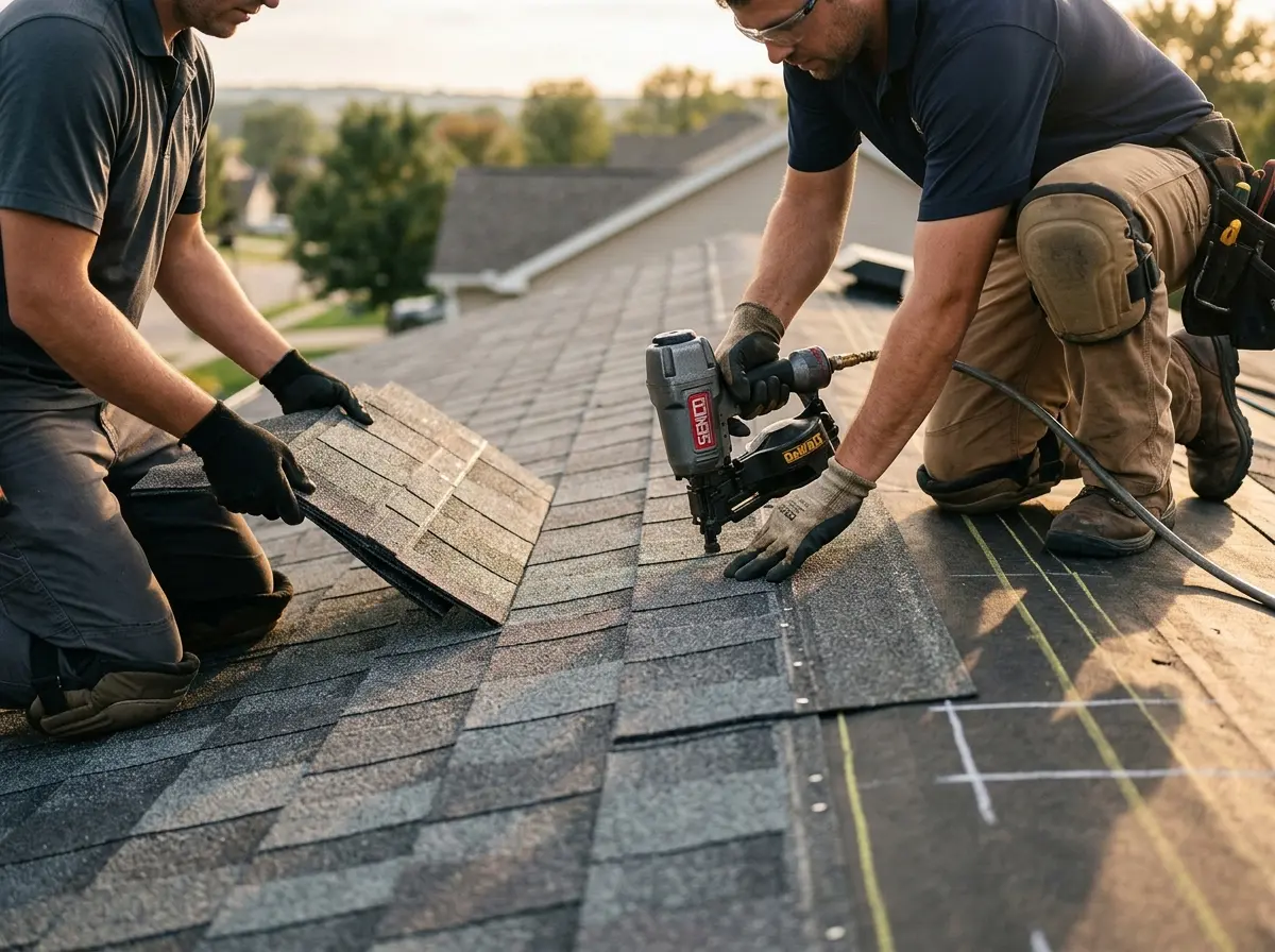Professional roofer working on a residential roof in Orland